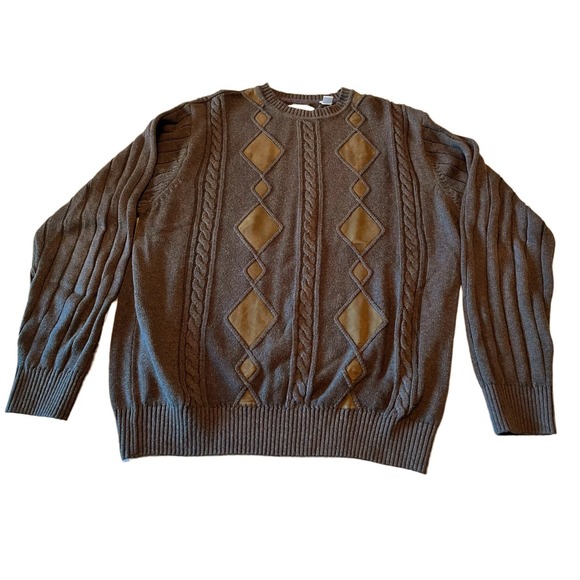 ALEX CANNON Brown Sweater Crew Neck Cotton Argyle Long Sleeve Pullover Large EUC - Picture 3 of 10